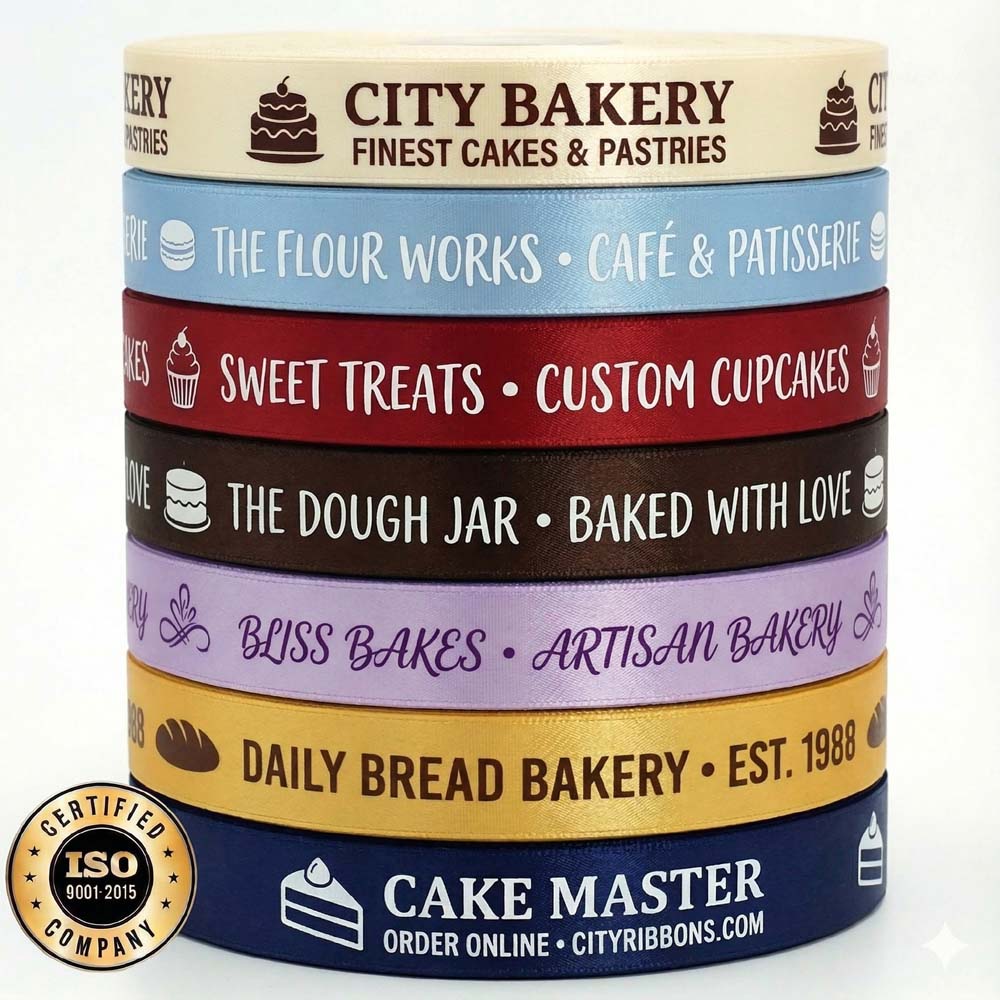 Custom printed satin ribbons for cake shops with bakery logos