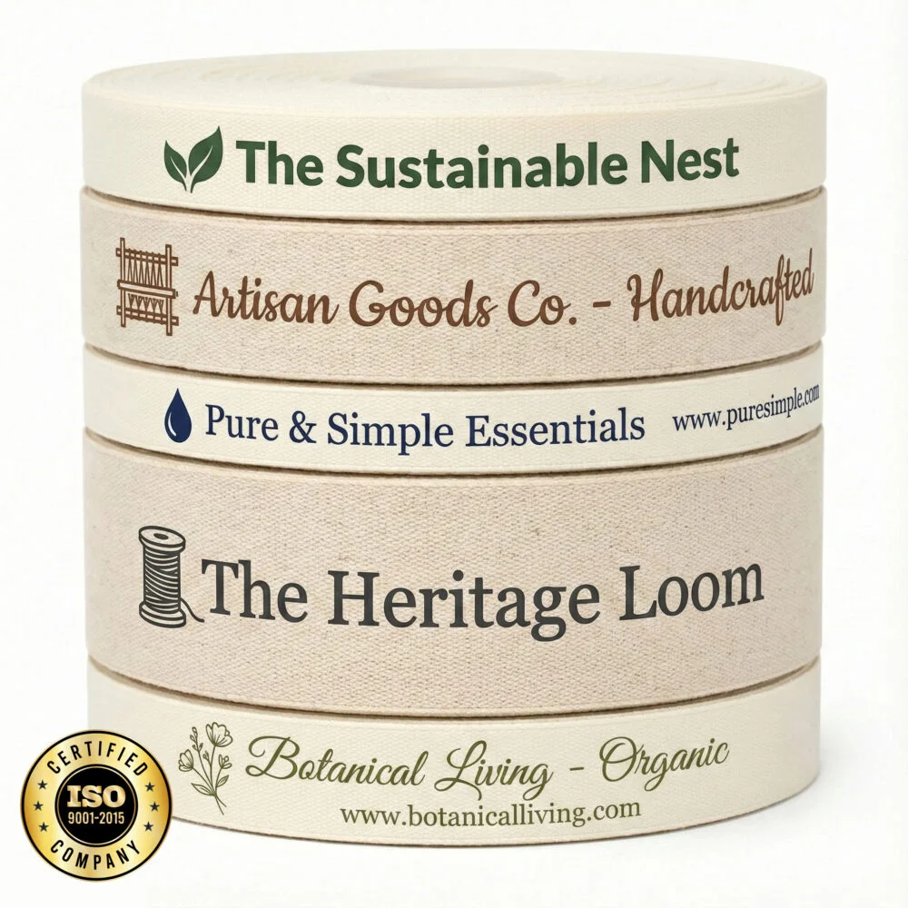 Natural cotton printed ribbon rolls stacked, showing custom logos and text branding in dark ink