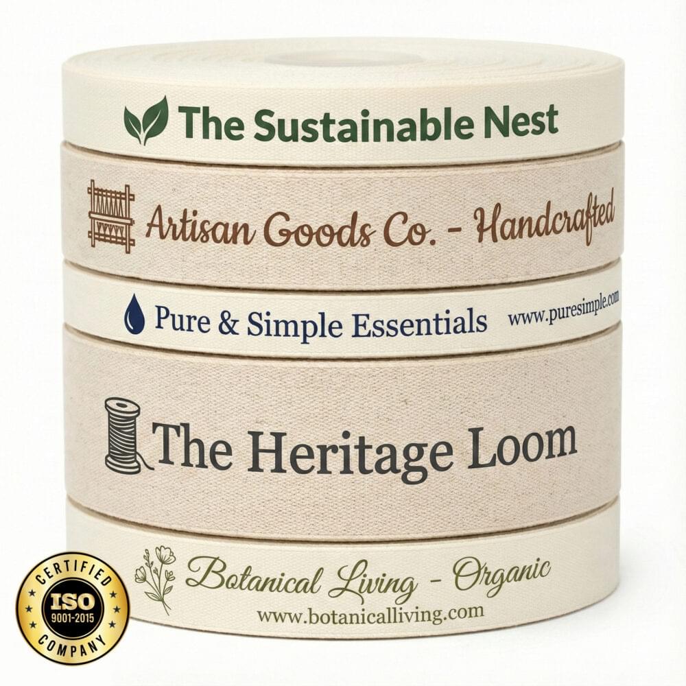 Natural cotton printed ribbon rolls stacked, showing custom logos and text branding in dark ink