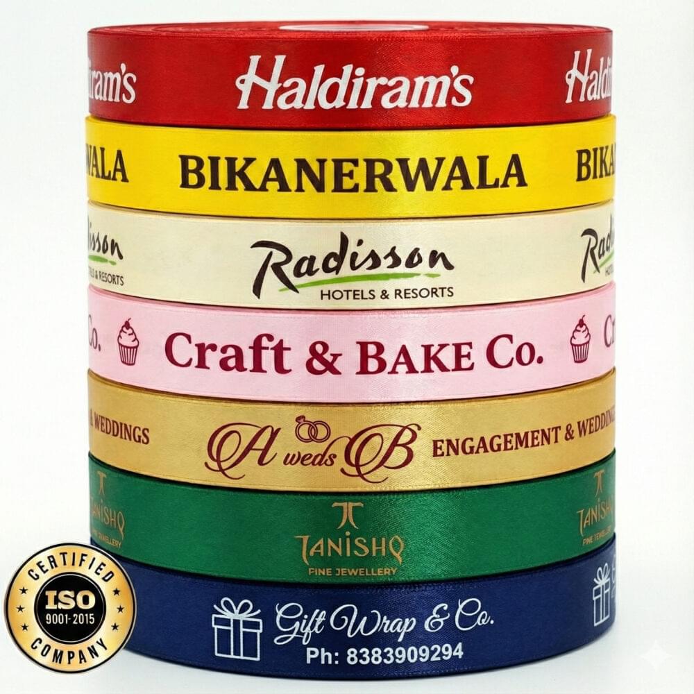 High-quality custom satin ribbon roll featuring personalized logo printing for brand packaging