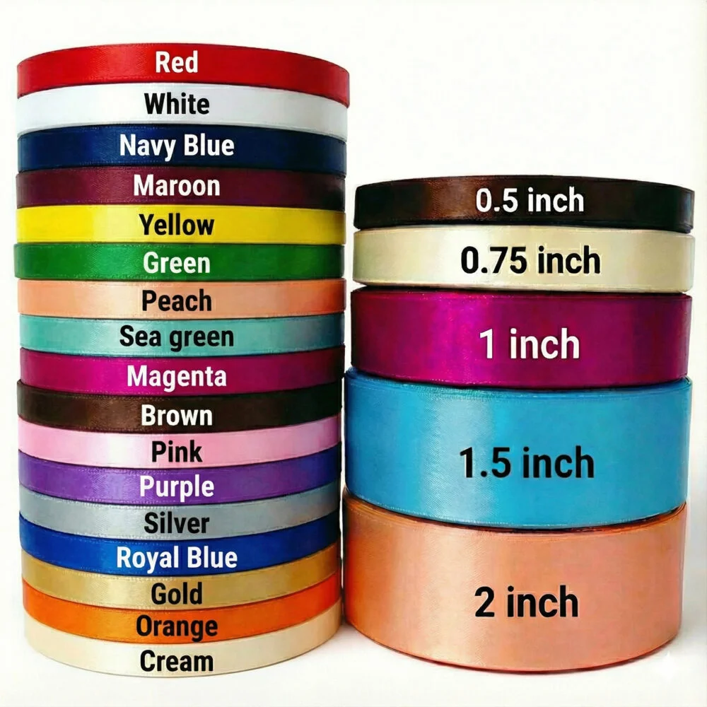 Premium plain satin ribbon rolls in various colors and sizes